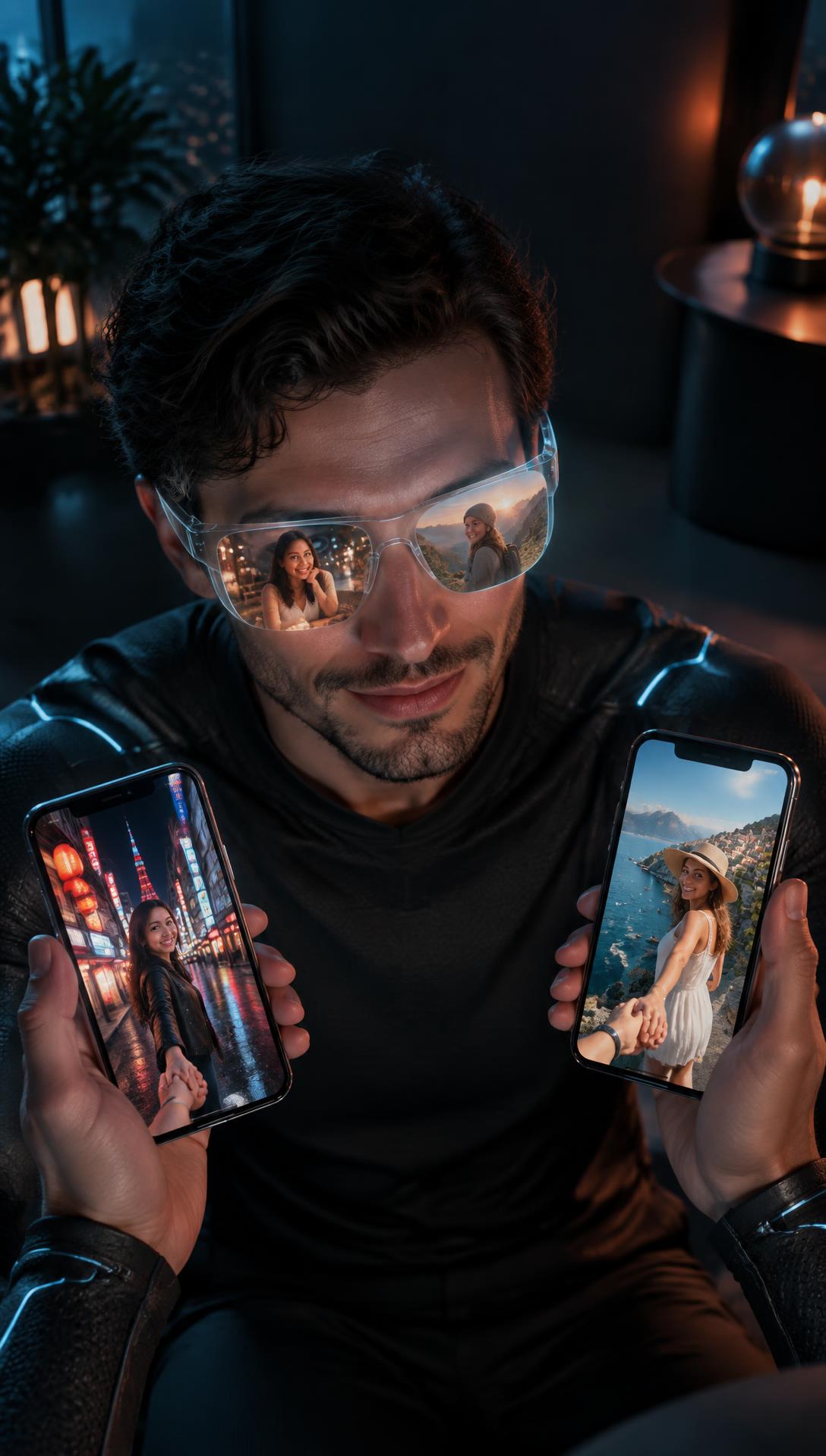 A person compares two shared realities using phones and AR glasses